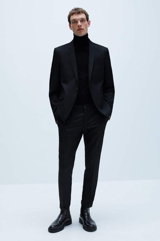 Black Suit Jackets And Tuxedo, Boot & Turtleneck Outfits Ideas With Black Formal Trouser, Black Turtleneck Men: 