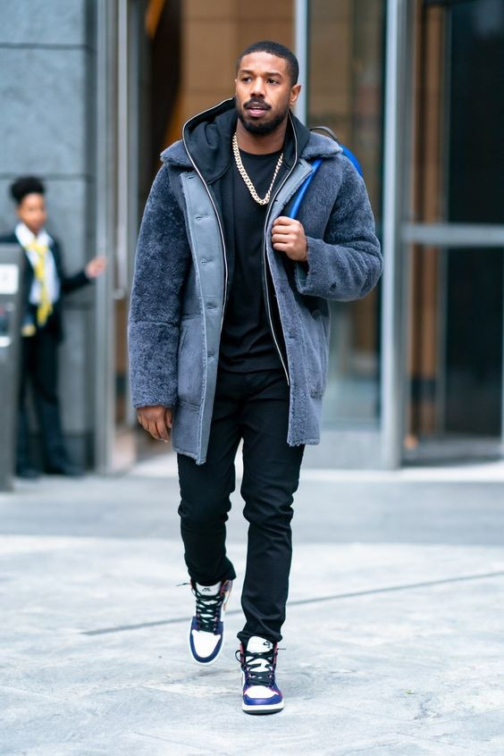 Grey Casual Jacket, Jordan Wardrobe Ideas With Black Sweat Pant, Michael B Jordan Air Jordan: 