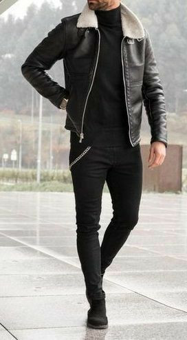 Black Pilot Jacket, Boot & Turtleneck Attires Ideas With Black Suit Trouser, Leather Jacket: 