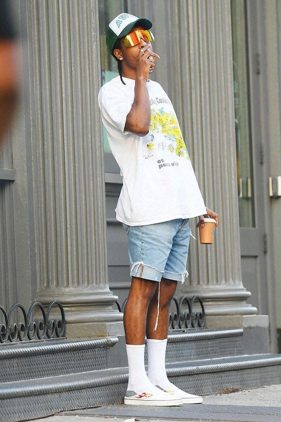 White Upper, Dope Fashion Trends With Light Blue Short, Asap Rocky Outfits 2022: 