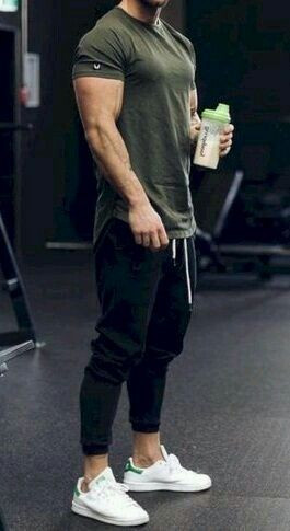 Green T-shirt, Gym Wardrobe Ideas With Black Casual Trouser, Shoe: 