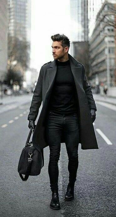 Grey Winter Coat, Boot & Turtleneck Ideas With Black Leather Trouser, Black Turtleneck With Overcoat: 