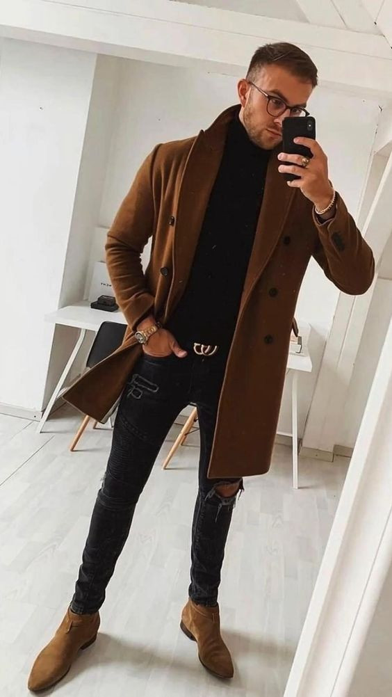 Brown Winter Coat, Boot & Turtleneck Ideas With Black Jeans, Blazer: 