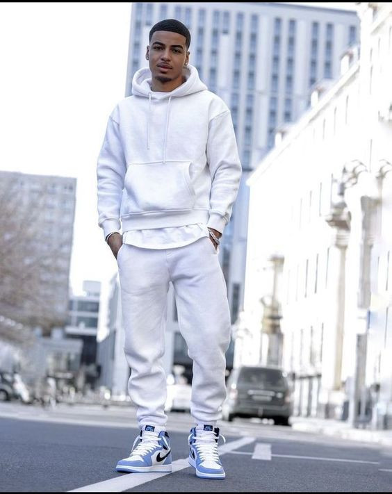 White Hoody, Jordan Wardrobe Ideas With White Casual Trouser, Shoe ...