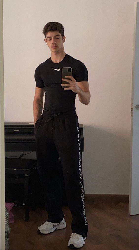 Black T-shirt, Gym Ideas With Black Sweat Pant, Clothing: 