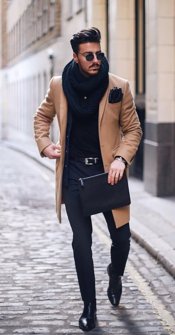 Beige Puffer Jacket, Boot & Turtleneck Fashion Wear With Black Jeans, Winter Outfits Men: 