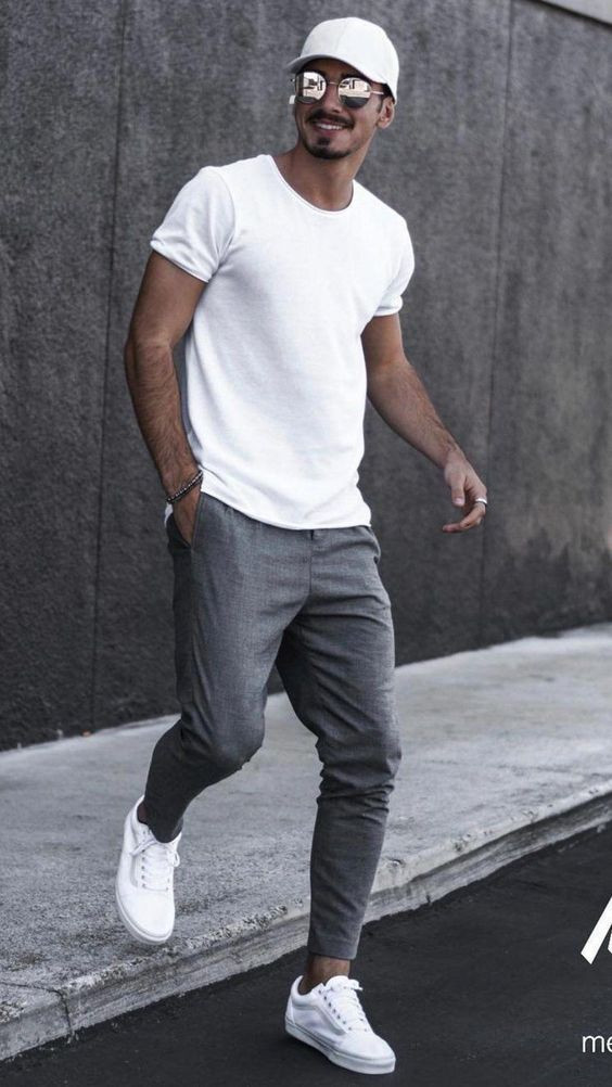 White T-shirt, Men's Summer Fashion Ideas With Grey Sweat Pant, Joggers Style Men: 
