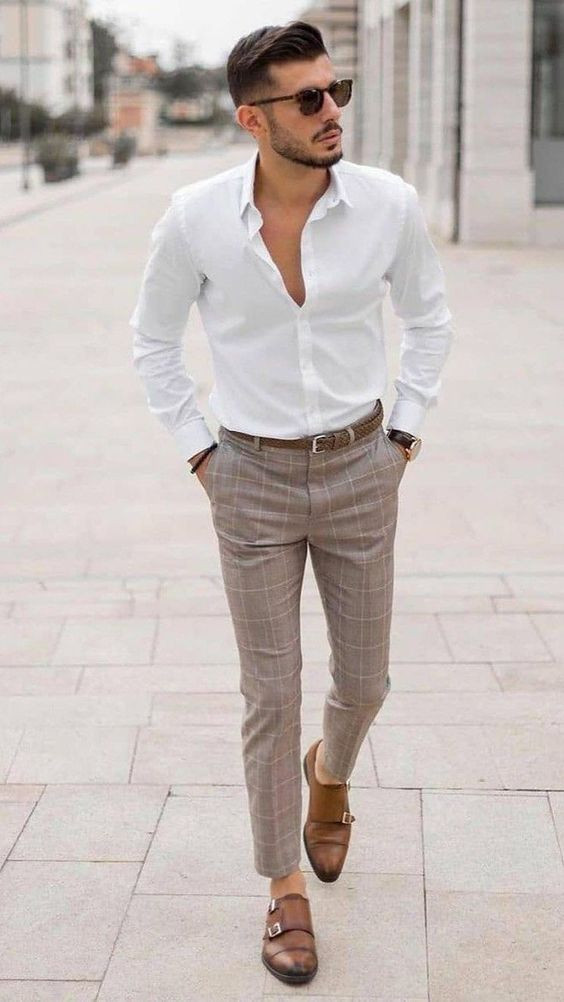 Grey Formal Trouser, Plaid Pants Fashion Tips With White Shirt, Formal Wear Men Aesthetic: 