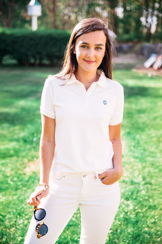 White Polo-shirt, Spring Wardrobe Ideas With White Jeans, Polo Shirt With Pearls: 
