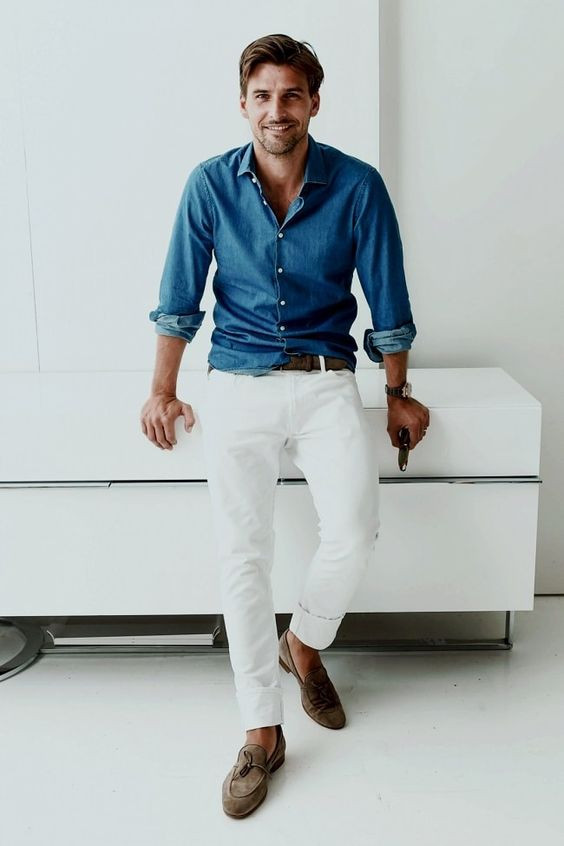 White Casual Trouser, Men's Outfits Ideas With Light Blue Denim Shirt, White Jeans Combination Shirt: 