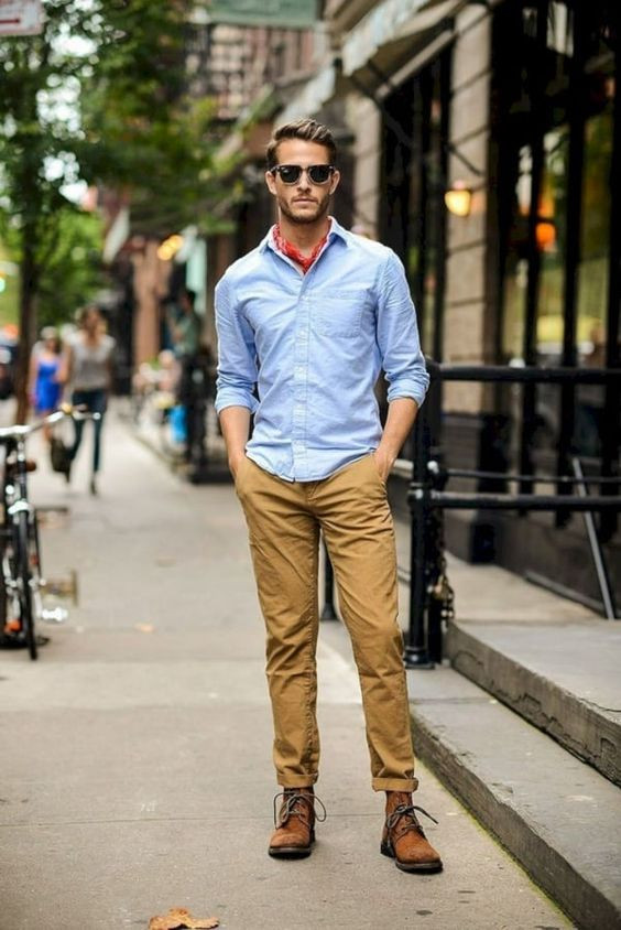 Beige Casual Trouser, Men's Clothing Ideas With Light Blue Denim Shirt, Khakis With Brown Boots: 