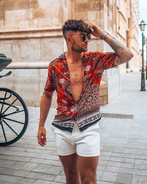 Orange Casual Shirt, Beach Ideas With White Denim Short, Men's Fashion ...