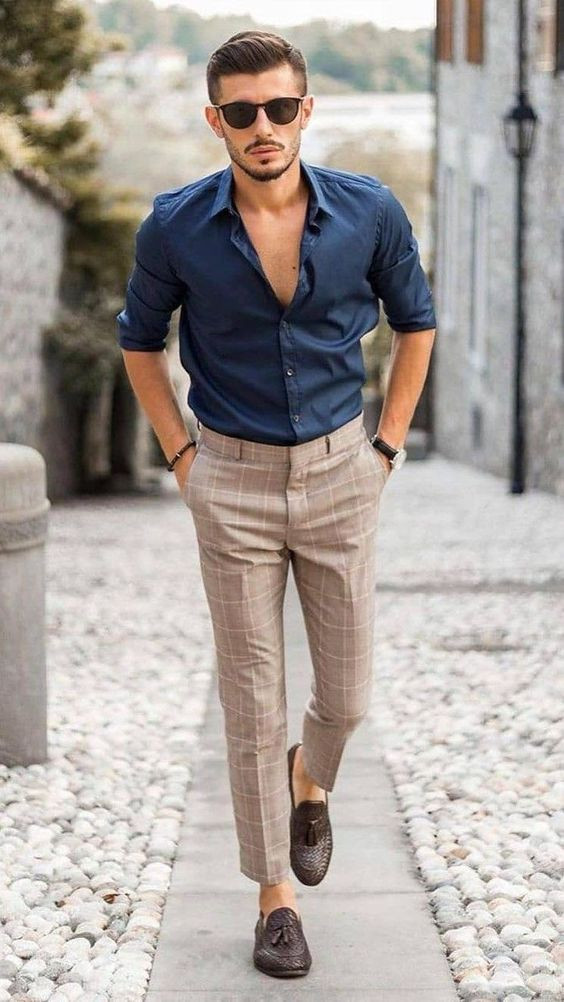 Beige Formal Trouser, Plaid Pants Fashion Trends With Dark Blue And Navy Shirt, Best Formal Dress For Men: 