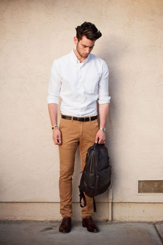 Brown Casual Trouser, Men's Fashion Wear With White Shirt, White And Brown Combination Dress: 