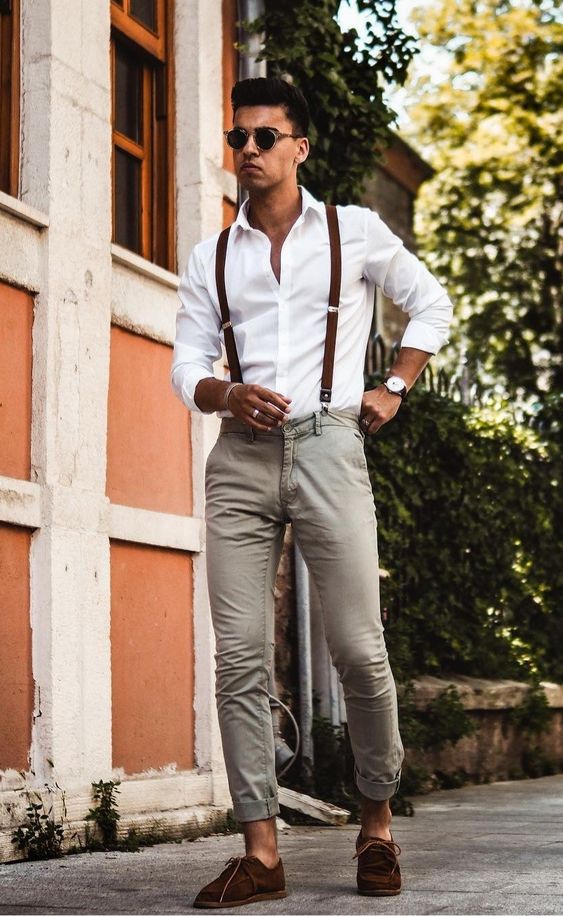 White Shirt, Suspenders Outfit Designs With Grey Trouser, Suspenders Outfit Ideas: 
