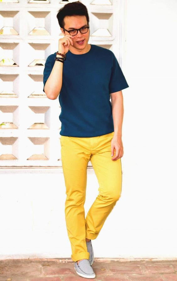 Yellow Casual Trouser, Men's Outfit Designs With Dark Blue And Navy T-shirt, Wear With Yellow Pants Men: 