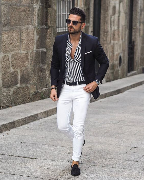 White Casual Trouser, Men's Outfits Ideas With Black Suit Jackets And Tuxedo, Combinacion Pantalon Blanco Hombres: 