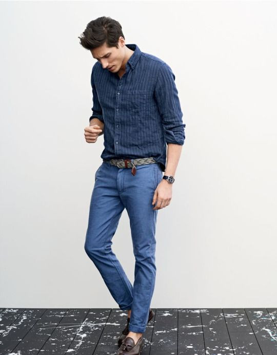 Light Blue Casual Trouser, Men's Fashion Trends With Dark Blue And Navy Denim Shirt, ジーンズ リネン シャツ: 