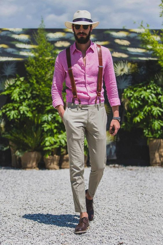 Purple And Violet Shirt, Suspenders Ideas With Beige Suit Trouser, Men's Pink Shirt: 