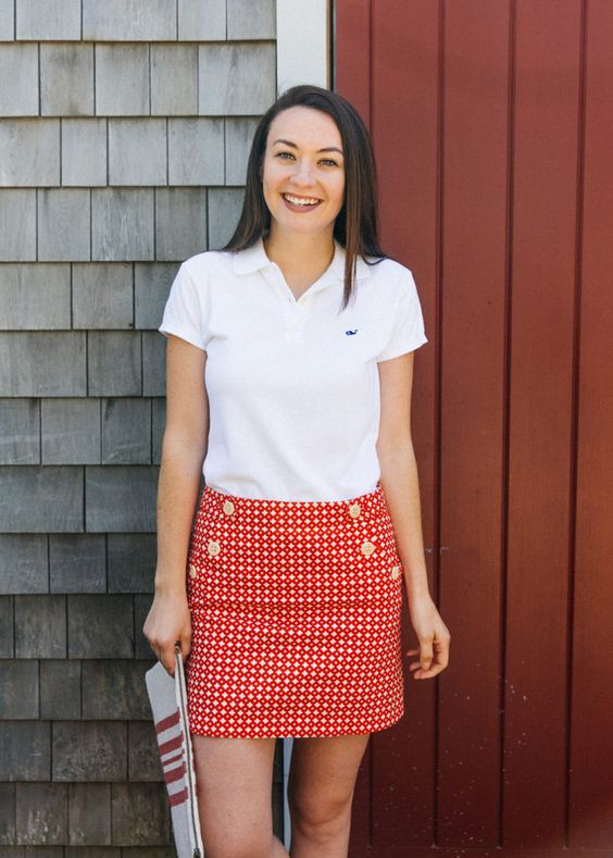 White Polo-shirt, Spring Outfit Trends With Red Formal Skirt, Fundo El Venado: 