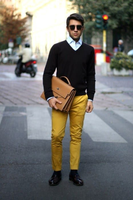 Yellow Jeans, Men's Outfit Designs With Black Sweater, Yellow Pant Outfits Men: 