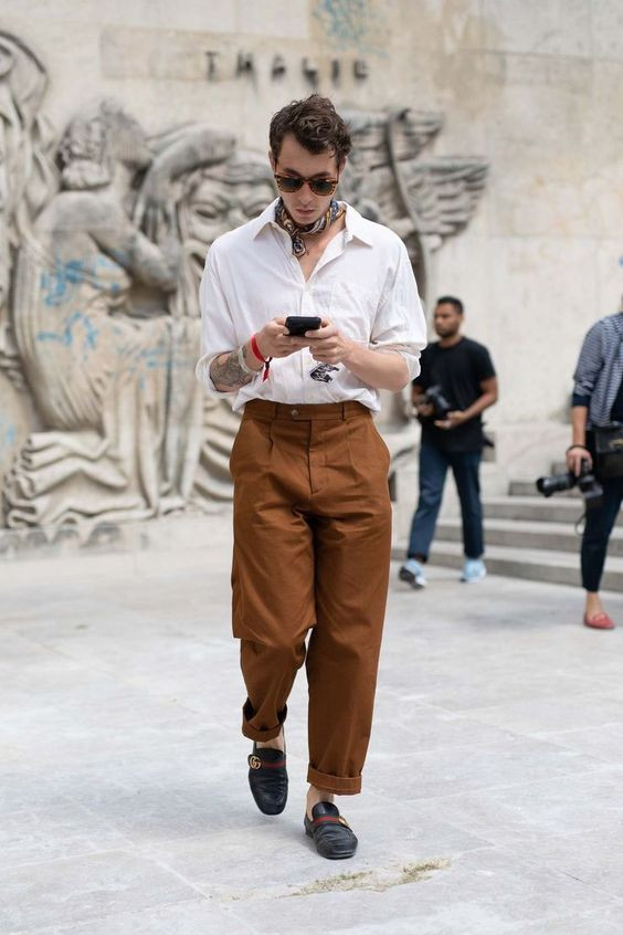 Brown Pant, Men's Fashion Trends With White Shirt, Paris Fashion Week Men's Street Style: 