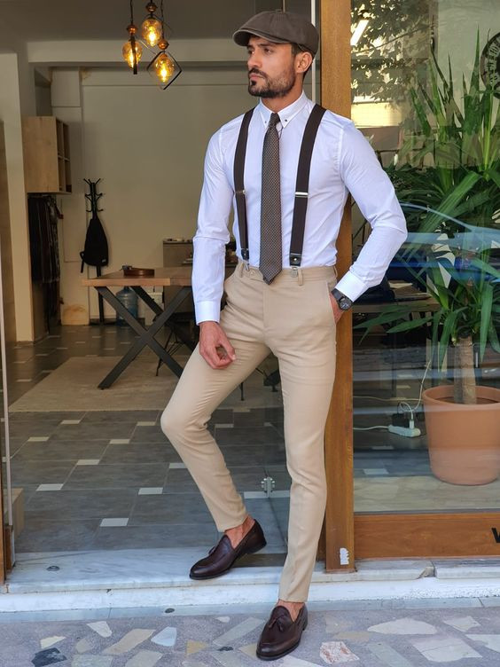 White Shirt, Suspenders Fashion Trends With Beige Formal Trouser, Peaky Blinders Fit: 