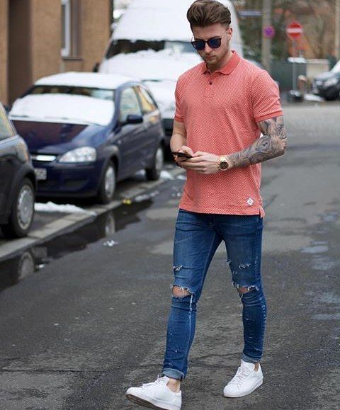 Pink T-shirt, Men's Summer Fashion Ideas With Dark Blue And Navy Casual Trouser, Jeans: 