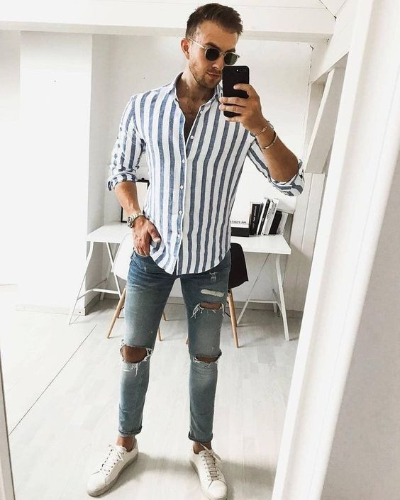 White Shirt, Summer Outfits With Light Blue Casual Trouser, Jeans | Men ...