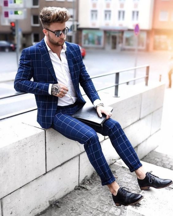 Dark Blue And Navy Legging, Plaid Pants Fashion Trends With Dark Blue And Navy Suit Jackets Tuxedo, Formal Stylish Suits For Men: 