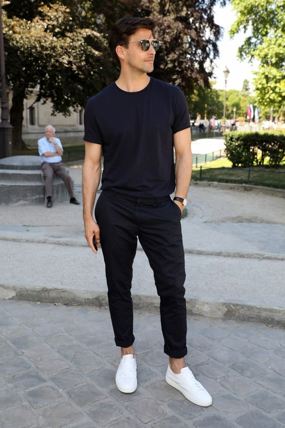 Black T-shirt, Men's Summer Fashion Tips With Black Sweat Pant, Black Chinos Men: 
