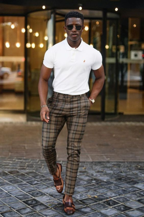 Beige Casual Trouser, Plaid Pants Outfit Trends With White Polo-shirt, Men's Spring Outfits: 