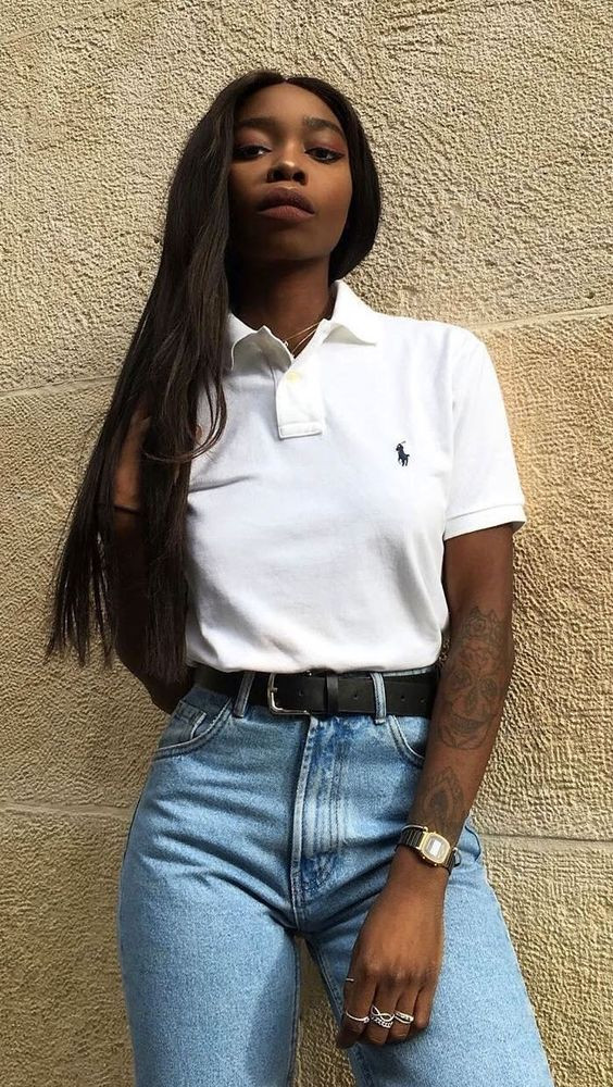 White Polo-shirt, Spring Outfits With Light Blue Jeans, Polo Shirt Womens Outfit: 