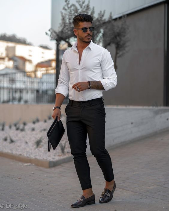 Black Suit Trouser, Men's Fashion Tips With White Shirt, Black Shirt ...