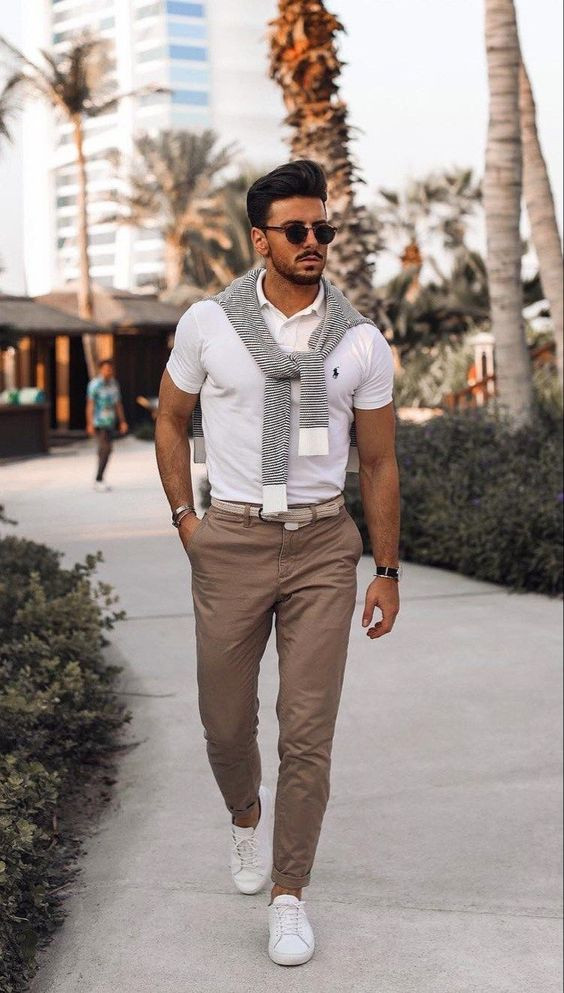 Brown Casual Trouser, Men's Fashion Trends With White Polo-shirt, Class Men Outfit: 