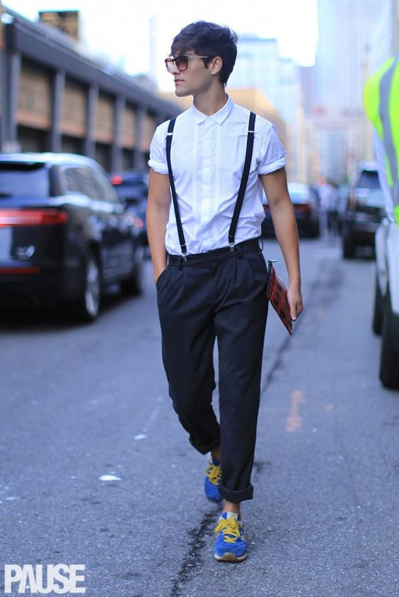 Light Blue Shirt, Suspenders Outfit Trends With Dark Blue And Navy ...