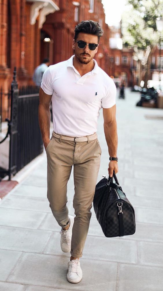 Beige Casual Trouser, Men's Attires Ideas With White Polo-shirt, Polo Shirt Style: 