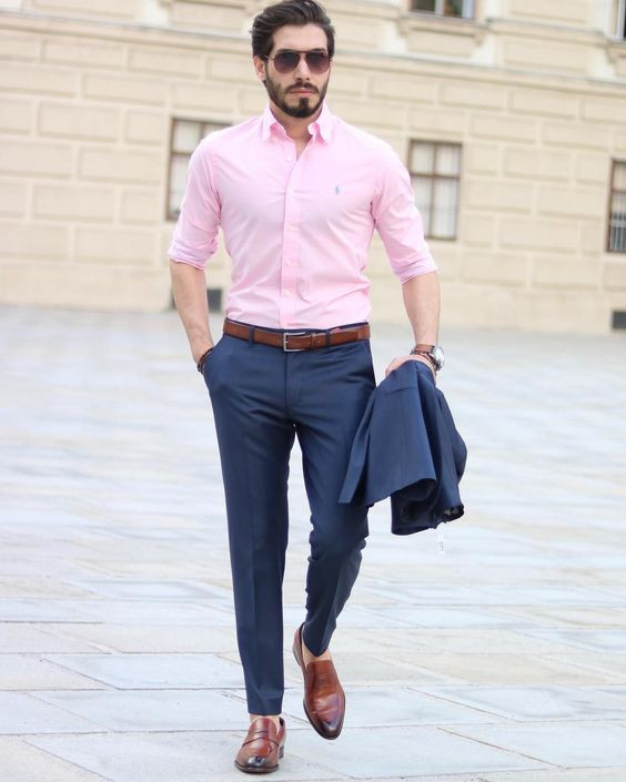 Dark Blue And Navy Formal Trouser, Men's Outfits With Pink Shirt, Pink Shirt Blue Pants: 