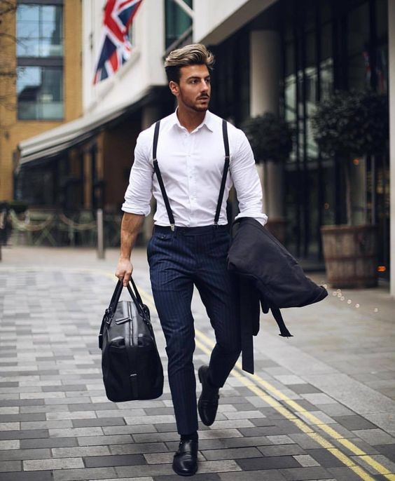 White Shirt, Suspenders Fashion Tips With Dark Blue And Navy Suit Trouser, Party Wear Suspenders For Men: 