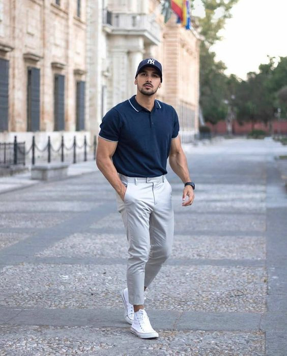 Dark Blue And Navy Polo-shirt, Men's Summer Ideas With Grey Casual Trouser, Wear With Polo Shirt: 