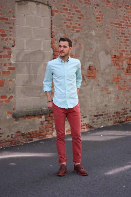 Red Jeans, Men's Fashion Tips With Light Blue Shirt, Red Pant Combination Shirt: 
