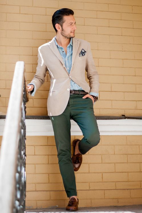 Green Casual Trouser, Men's Outfit Designs With Beige Denim Shirt, Beige Blazer Green Pants: 