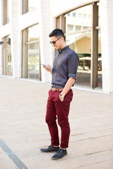 Red Casual Trouser, Men's Wardrobe Ideas With Dark Blue And Navy Denim Shirt, Burgundy Chinos Men's: 