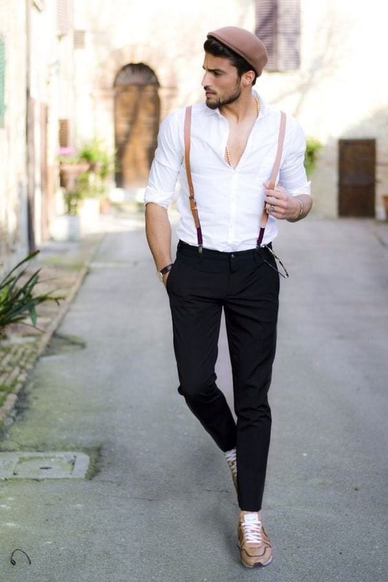 White Shirt, Suspenders Outfits With Black Suit Trouser, Men's Suspenders Look: 