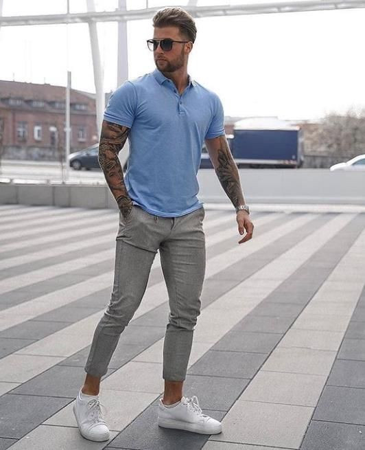 Light Blue Polo-shirt, Men's Summer Outfits Ideas With Grey Jeans, Polo T Shirt Outfit Men: 