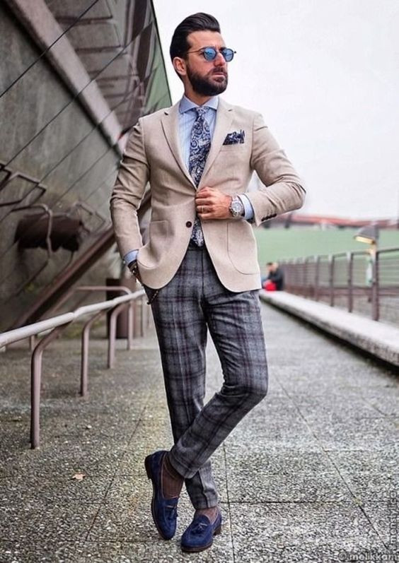 Grey Formal Trouser, Plaid Pants Outfit Designs With Beige Suit Jackets And Tuxedo, Checked Trouser With Blazer: 