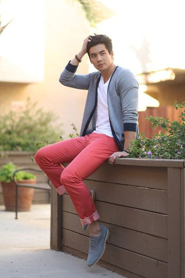 Red Suit Trouser, Men's Fashion Trends With Grey Cardigan, Trousers: 