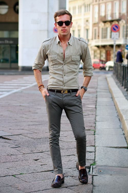Grey Casual Trouser, Men's Outfit Trends With Grey Denim Shirt, Dark Grey Chinos Men's Outfit: 