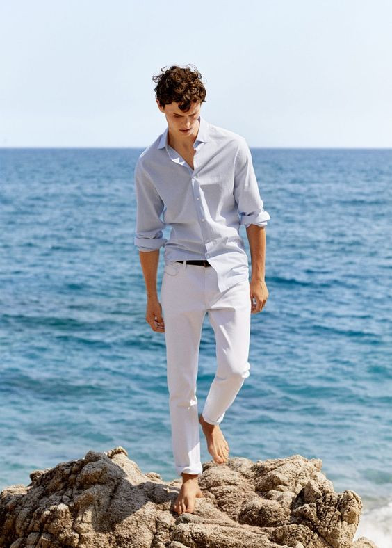 White Denim Shirt, Beach Attires Ideas With White Casual Trouser ...