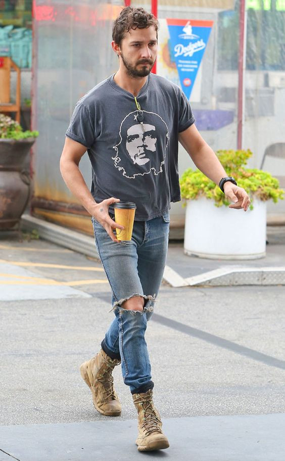 Grey T-shirt, Men's Summer Fashion Outfits With Light Blue Casual Trouser, Shia Labeouf Boots: 